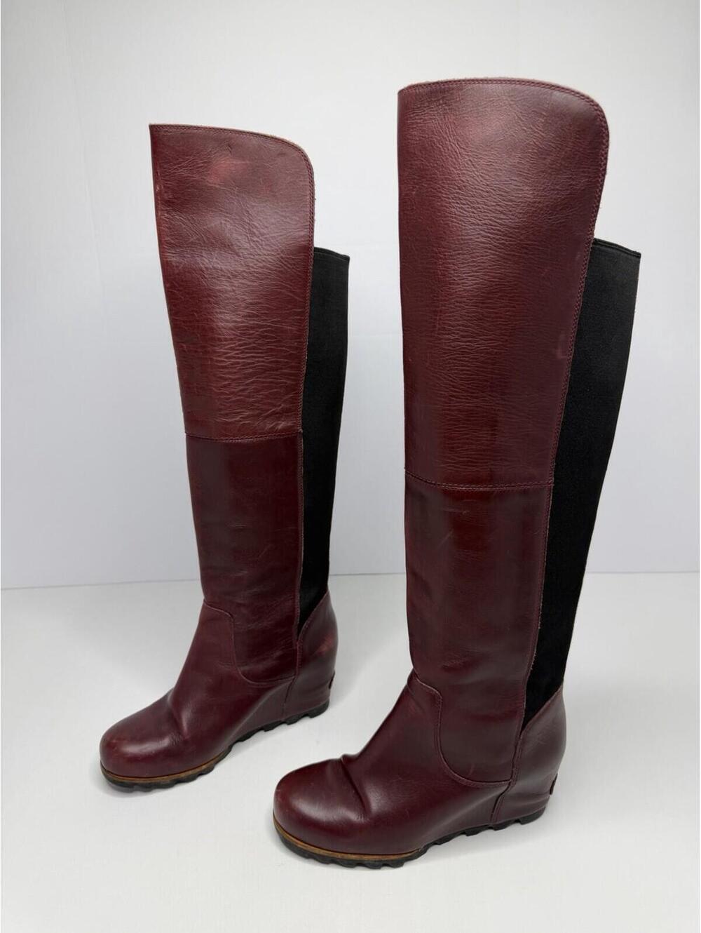 Sorel Size 10 Fiona Lux Over The Knee Burgundy Leather Hidden Wedge Boots P124